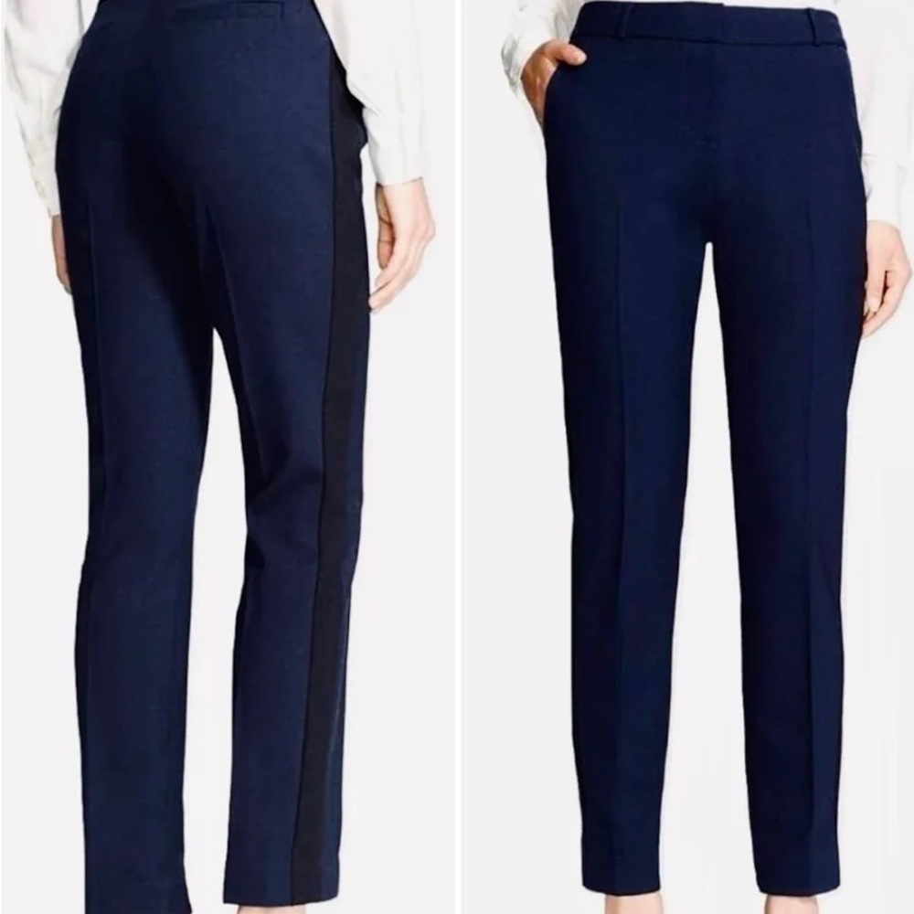 Kate Spade Margaux Tuxedo Stripe Navy Blue Wool Ankle Straight Leg Trousers Sz 6